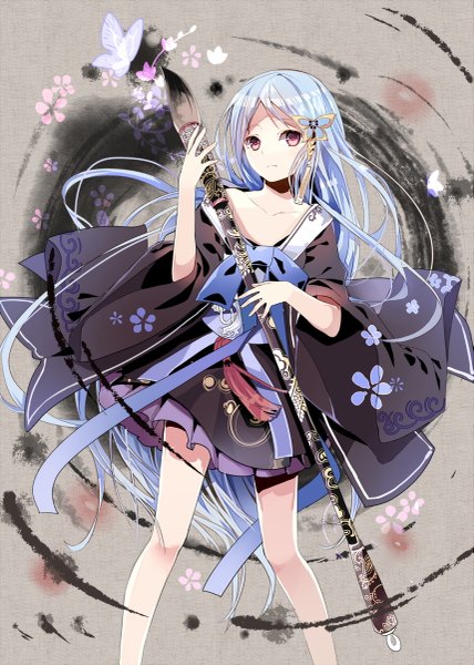 Anime picture 857x1200 with original fre single long hair tall image looking at viewer bare shoulders blue hair traditional clothes japanese clothes pink eyes girl hair ornament kimono insect butterfly butterfly hair ornament paintbrush calligraphy brush kimono skirt