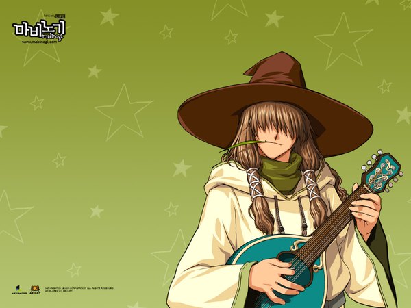 Anime picture 1600x1200 with mabinogi nele single long hair smile brown hair wallpaper green background hair over eyes boy plant (plants) hat star (symbol) grass witch hat guitar