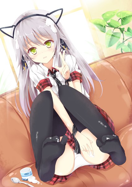 Anime picture 708x1000 with original nibiiro shizuka single long hair tall image looking at viewer blush fringe light erotic hair between eyes sitting green eyes animal ears full body bent knee (knees) parted lips grey hair sunlight dutch angle no shoes