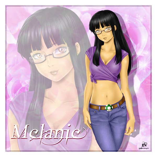 Anime picture 2000x2000 with original thenightwishmaster single long hair looking at viewer highres black hair signed lips bare belly midriff orange eyes character names zoom layer girl navel glasses belt jeans blue jeans