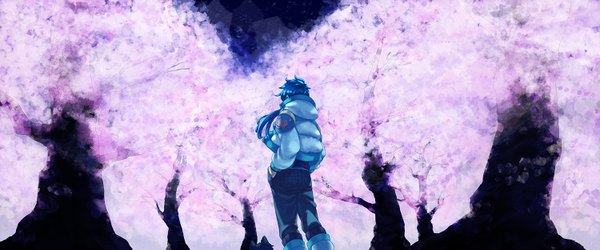 Anime picture 1500x625 with dramatical murder nitro+chiral aoba (dmmd) noko (hrkok) single long hair wide image blue hair cherry blossoms back hand in pocket boy plant (plants) tree (trees) jacket