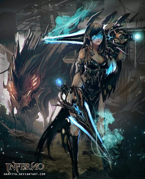 Anime picture 900x1110 with harpiya long hair tall image blue eyes black hair bare shoulders pointy ears inscription orange eyes torn clothes glowing glowing eye (eyes) glowing weapon girl dress weapon sword bracelet thigh boots monster