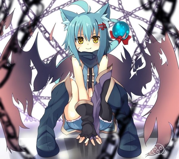 Anime picture 1000x892 with original planol note mahcdai single looking at viewer blush fringe short hair hair between eyes sitting bare shoulders signed animal ears yellow eyes full body ahoge bent knee (knees) tail light smile aqua hair