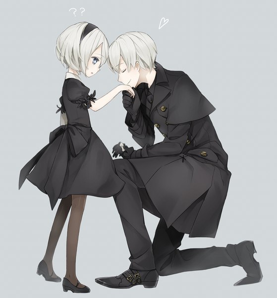 Anime picture 1478x1584 with nier nier:automata yorha no. 2 type b yorha no. 9 type s marchen noir tall image short hair blue eyes simple background smile standing silver hair full body eyes closed profile grey background mole :o puffy sleeves mole under mouth