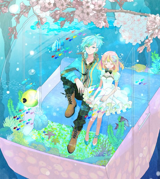 Anime picture 1000x1118 with uta no prince-sama a-1 pictures nanami haruka (uta no prince-sama) mikaze ai pomeko (artist) long hair tall image short hair blonde hair sitting pink hair bent knee (knees) eyes closed multicolored hair aqua eyes aqua hair two-tone hair couple cherry blossoms holding hands