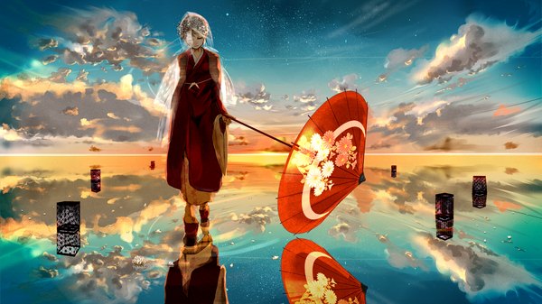 Anime picture 2200x1237 with vocaloid quareallel (vocaloid) kagamine rin nine (plantroom9) single highres short hair blonde hair wide image cloud (clouds) traditional clothes japanese clothes floral print looking down reflection horizon walking asa no ha (pattern) girl hair ornament