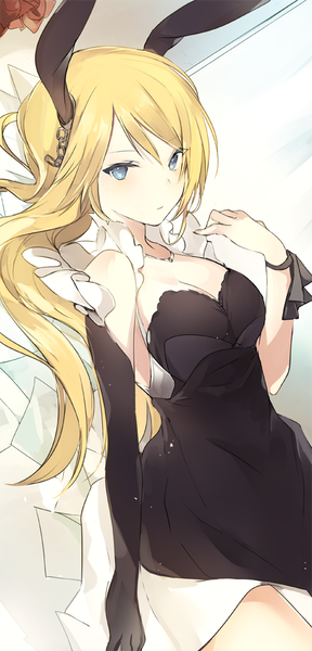 Anime picture 480x1000 with original lpip single long hair tall image looking at viewer blush fringe breasts blue eyes blonde hair bare shoulders animal ears cleavage lying on back dutch angle bunny ears girl dress