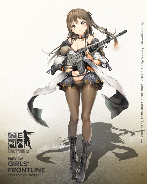 Anime picture 1200x1500 with girls frontline k-2 (girls frontline) anmi single long hair tall image looking at viewer blush fringe breasts open mouth light erotic simple background smile hair between eyes brown hair standing bare shoulders holding brown eyes