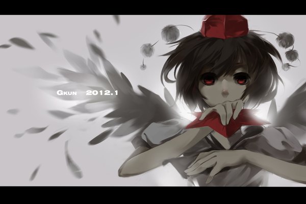 Anime picture 1800x1200 with touhou shameimaru aya aloin.g single looking at viewer highres short hair black hair red eyes inscription black wings girl wings feather (feathers) fan tokin hat hauchiwa