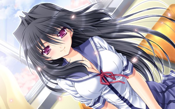 Anime picture 1024x640 with hatsukoi yohou (game) long hair black hair wide image game cg pink eyes girl serafuku