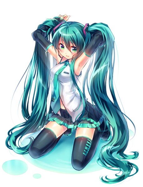 Anime picture 800x1046 with vocaloid hatsune miku ginta ntk (7t5) single tall image blush simple background white background twintails green eyes long sleeves very long hair from above aqua hair armpit (armpits) zettai ryouiki kneeling arms behind head colored