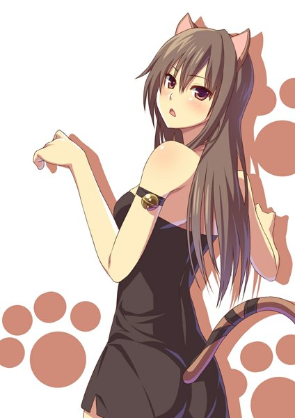 Anime picture 800x1131 with original ese shinshi single long hair tall image blush open mouth brown hair bare shoulders brown eyes animal ears tail animal tail looking back cat ears shadow cat girl cat tail girl dress