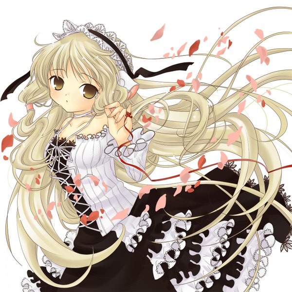 Anime picture 1600x1600 with chobits chii hanabana (notenotenote) long hair simple background blonde hair white background brown eyes girl dress petals thread red thread