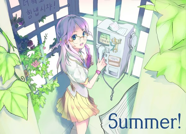 Anime picture 2126x1535 with original anmi single long hair highres open mouth blue eyes purple hair pleated skirt looking back from above girl skirt flower (flowers) plant (plants) miniskirt glasses phone phone booth