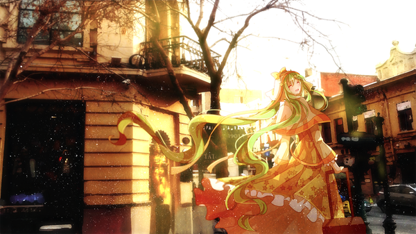 Anime picture 1600x900 with project diva f 2nd vocaloid hatsune miku yasato single blush fringe wide image standing holding eyes closed very long hair long sleeves looking back green hair wind sunlight wide sleeves city happy