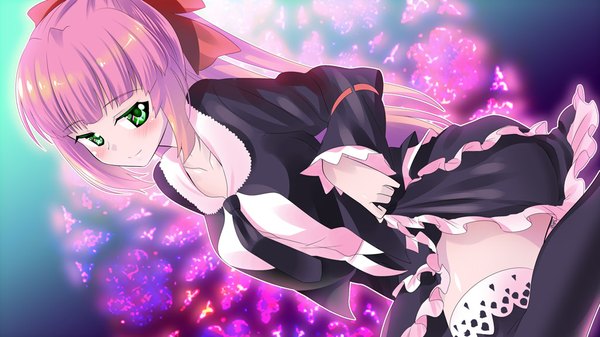 Anime picture 1024x576 with original zpolice long hair blush wide image green eyes pink hair ponytail dutch angle zettai ryouiki kneeling seductive smile come hither tease thighhighs bow ribbon (ribbons) hair bow necktie