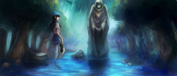 Anime picture 2800x1200 with original otsuki (artist) long hair fringe highres black hair wide image profile hair over one eye angel girl skirt plant (plants) hat tree (trees) water hood chain forest robe