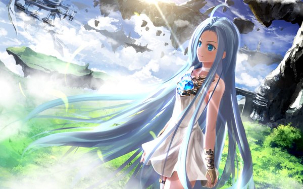 Anime picture 1600x1000 with granblue fantasy lyria (granblue fantasy) kouji (astral reverie) single blush blue eyes smile standing bare shoulders blue hair sky cloud (clouds) very long hair wind sunlight sunbeam girl dress plant (plants) white dress