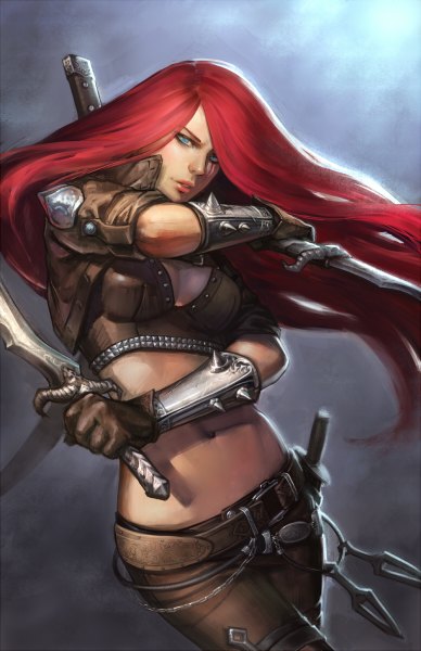 Anime picture 776x1200 with league of legends katarina (league of legends) noa ikeda single long hair tall image looking at viewer blue eyes simple background holding red hair bare belly scar dual wielding girl gloves navel weapon belt dagger