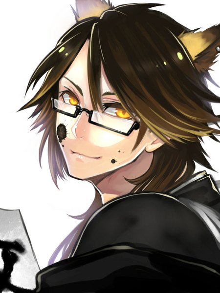 Anime picture 600x800 with show by rock!! studio bones yaiba (show by rock!!) hiroshi single long hair tall image looking at viewer simple background smile brown hair white background animal ears yellow eyes looking back multicolored hair lips gradient hair eyebrows boy