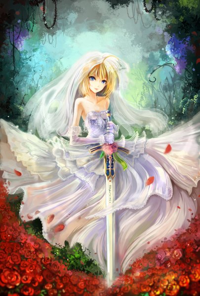 Anime picture 1998x2954 with fate (series) fate/stay night type-moon artoria pendragon (all) saber summercards single tall image fringe highres short hair breasts blue eyes blonde hair standing bare shoulders holding outdoors head tilt wind