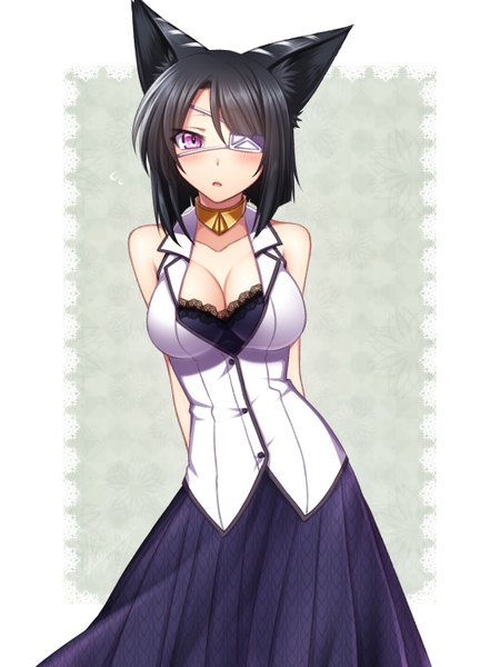 Anime picture 1080x1440 with original konshin single tall image looking at viewer blush short hair breasts light erotic black hair large breasts bare shoulders animal ears cleavage pink eyes girl dress eyepatch