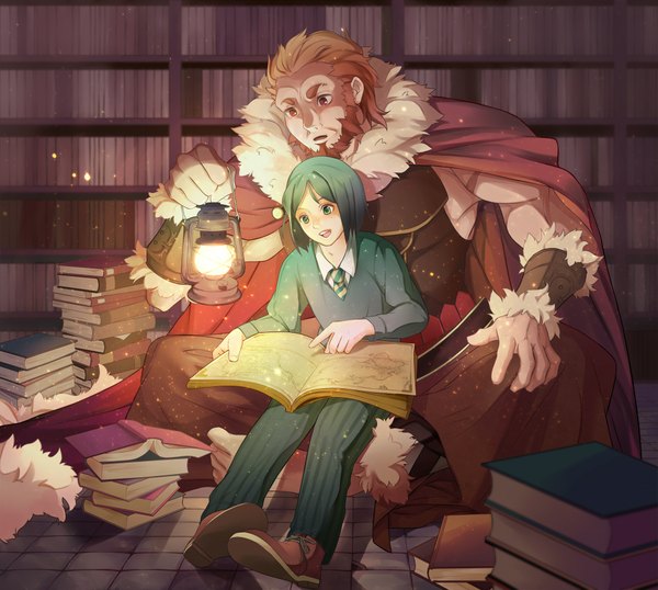 Anime picture 1950x1750 with fate (series) fate/stay night fate/zero studio deen type-moon rider (fate/zero) waver velvet highres short hair black hair red eyes sitting green eyes indoors orange hair boy uniform school uniform armor book (books)