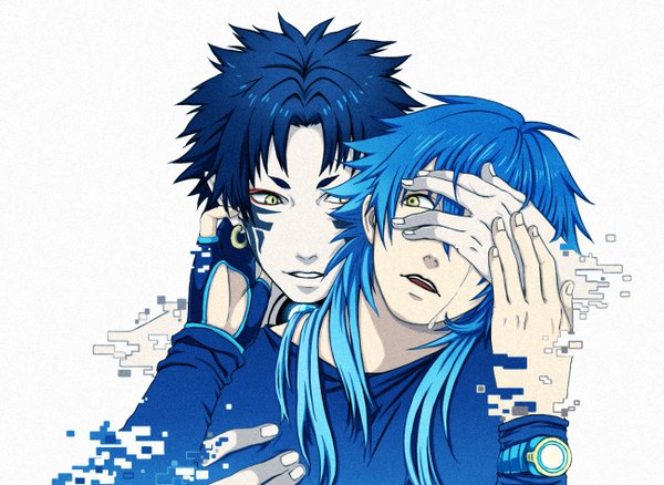 Anime picture 1300x950 with dramatical murder nitro+chiral aoba (dmmd) ren (dmmd) long hair short hair open mouth simple background white background yellow eyes blue hair multiple boys tattoo boy earrings 2 boys clock pocket watch