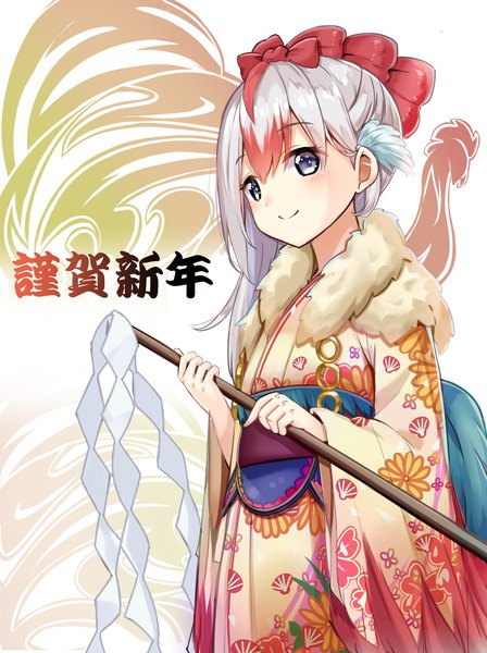 Anime picture 2779x3715 with original karumayu single long hair tall image looking at viewer blush fringe highres smile hair between eyes purple eyes holding signed silver hair red hair traditional clothes japanese clothes multicolored hair wide sleeves