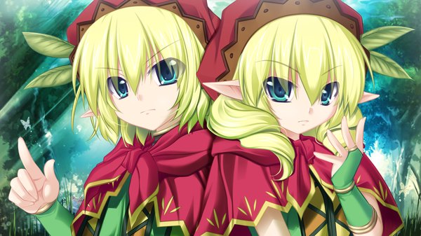 Anime picture 1024x576 with kamidori alchemy meister short hair wide image green eyes game cg green hair pointy ears elf girl boy