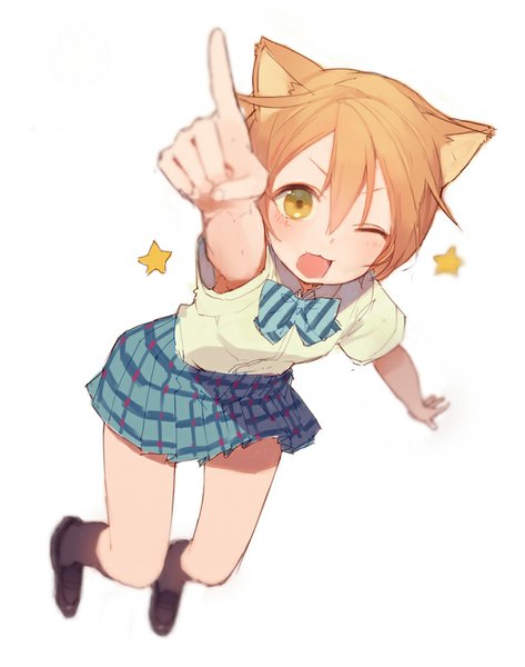 Anime picture 635x805 with love live! school idol project sunrise (studio) love live! hoshizora rin kitada mo single tall image blush short hair open mouth simple background white background yellow eyes one eye closed wink orange hair cat girl outstretched arm jumping pointing
