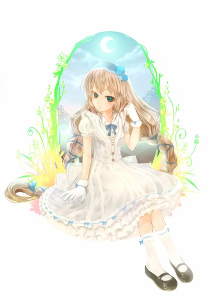 Anime picture 1061x1500 with original cube (maryquant) single tall image blue eyes brown hair white background twintails very long hair hair flower girl dress gloves hair ornament flower (flowers) bow socks headdress white socks
