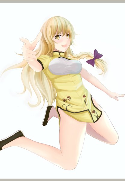 Anime picture 2232x3227 with touhou kirisame marisa hiro0626 single long hair tall image looking at viewer blush highres open mouth blonde hair white background yellow eyes braid (braids) chinese clothes girl bow hair bow chinese dress