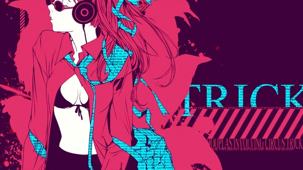 Anime picture 1600x900 with air gear toei animation noyamano ringo oogure ito long hair simple background wide image pink hair open clothes open shirt girl glasses necktie headphones