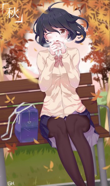 Anime picture 2801x4745 with original gh (chen ghh) single tall image looking at viewer blush highres short hair black hair sitting brown eyes one eye closed exhalation girl uniform school uniform pantyhose black pantyhose leaf (leaves) school bag