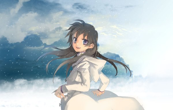 Anime picture 1325x843 with original soyah (hu-ko) long hair looking at viewer black hair sky looking back happy winter girl hood coat
