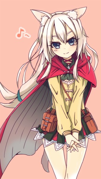 Anime picture 569x1000 with rocknroll (artist) single long hair tall image looking at viewer blush blue eyes simple background smile animal ears grey hair girl cape clothes fanny pack