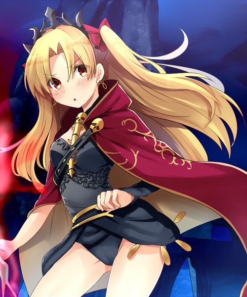 Anime picture 700x840 with fate (series) fate/grand order ereshkigal (fate) marimo danshaku single long hair tall image blush fringe open mouth light erotic blonde hair red eyes two side up girl underwear panties bow hair bow earrings