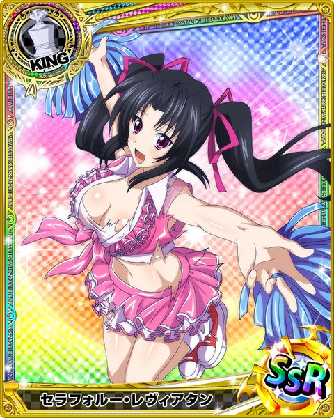 Anime picture 640x800 with highschool dxd serafall leviathan single long hair tall image looking at viewer blush breasts open mouth light erotic black hair purple eyes twintails torn clothes card (medium) cheerleader girl ribbon (ribbons) hair ribbon
