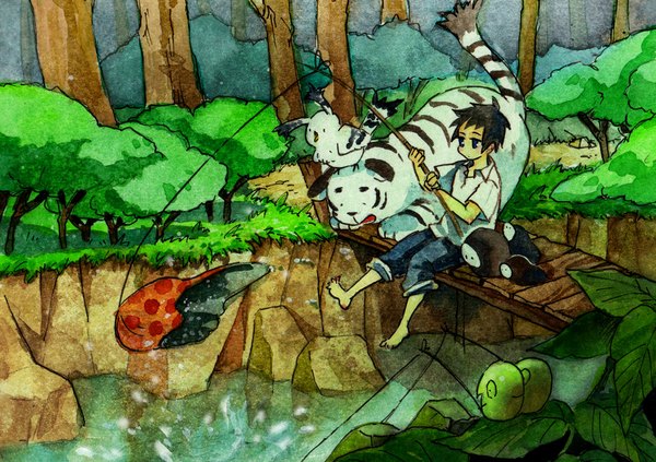 Anime picture 1118x790 with original monokuro shuki blush short hair black hair aqua eyes river green background traditional media watercolor (medium) fishing boy plant (plants) animal shirt tree (trees) water leaf (leaves) bridge tiger