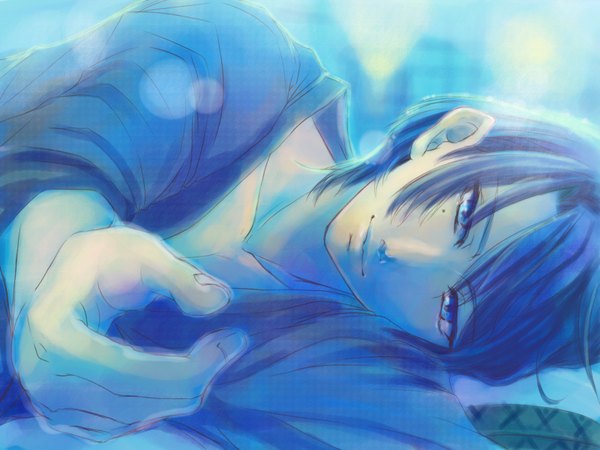 Anime picture 1600x1200 with uta no prince-sama a-1 pictures hijirikawa masato single looking at viewer short hair blue eyes blue hair lying light smile mole mole under eye blue background boy hands