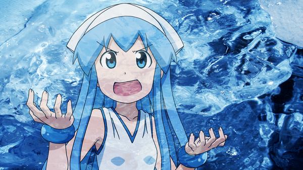 Anime picture 1920x1080 with shinryaku! ika musume ika musume single long hair highres open mouth blue eyes wide image blue hair girl dress hat water bracelet sundress