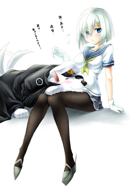 Anime picture 800x1130 with kantai collection hamakaze destroyer makxma single tall image blush short hair blue eyes simple background white background sitting white hair girl skirt gloves hair ornament animal pantyhose hairclip