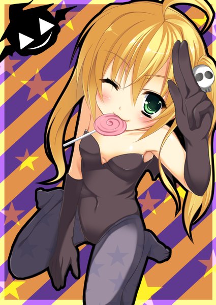 Anime picture 1074x1517 with original aria. long hair tall image blush light erotic blonde hair twintails green eyes one eye closed wink girl gloves elbow gloves lollipop
