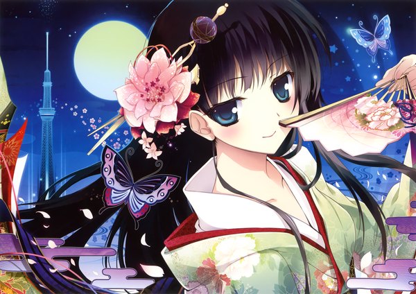 Anime picture 4600x3253 with original karory single long hair looking at viewer blush highres blue eyes black hair absurdres japanese clothes hair flower girl hair ornament flower (flowers) petals kimono insect butterfly moon
