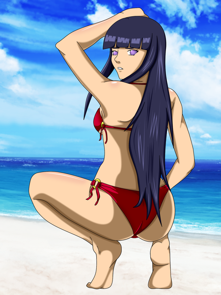 Anime picture 1600x2133 with naruto studio pierrot naruto (series) hyuuga hinata flowerinhell single long hair tall image looking at viewer light erotic purple eyes blue hair sky cloud (clouds) beach girl swimsuit sea