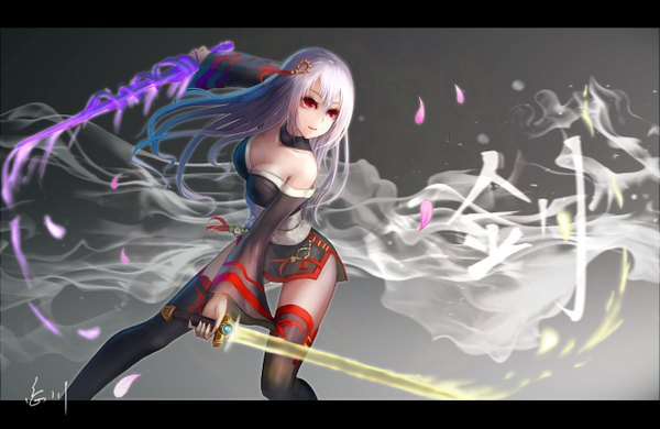 Anime picture 1332x867 with dungeon and fighter wangchuan de quanyan single long hair red eyes bare shoulders silver hair letterboxed girl thighhighs dress weapon black thighhighs detached sleeves sword