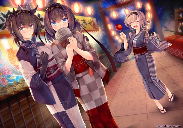 Anime picture 1600x1122 with kantai collection hatsuzuki destroyer akizuki destroyer teruzuki destroyer obiwan long hair looking at viewer blush blue eyes black hair brown hair multiple girls brown eyes eyes closed traditional clothes japanese clothes girl gloves black gloves elbow gloves
