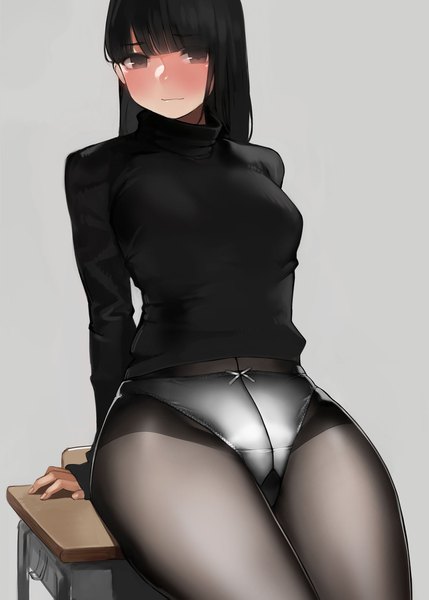 Anime picture 1481x2071 with original yomu (sgt epper) single long hair tall image looking at viewer blush fringe light erotic black hair simple background brown eyes blunt bangs grey background arm support girl underwear panties pantyhose black pantyhose