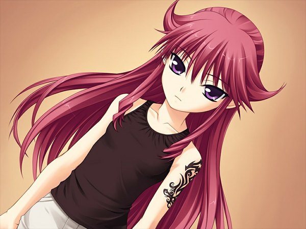 Anime picture 1024x768 with kimi ga aruji de shitsuji ga ore de benisu long hair purple eyes game cg red hair loli tattoo